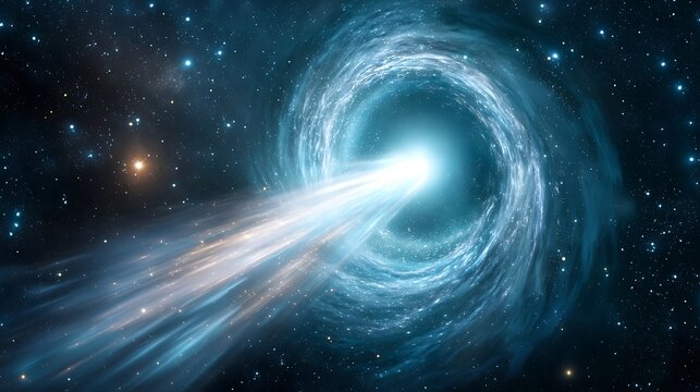 Ethereal interstellar comet with dual stardust tails traversing a wormhole-like portal, a metaphor for Market Volatility, Financial Disruption, and rapid change in economic forecasting.