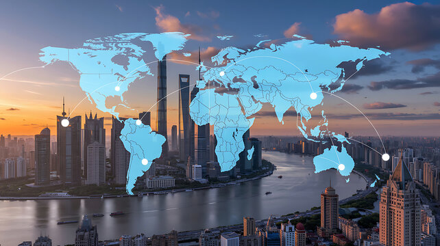 Global cityscape with digital world map overlay at sunset - Powered by Adobe