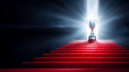 ascension. A single shining trophy at the top of a red-carpeted staircase. event key visuals, club posters, designed for sports event promotions and stadium branding, used by fitness trainers.