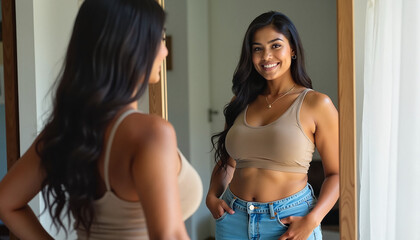 Smiling woman admiring herself in the mirror, confident pose, indoor setting