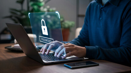 Person typing on laptop with digital security lock and code overlay