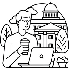 Remote Worker Enjoying Coffee Outside Historic Building Illustration