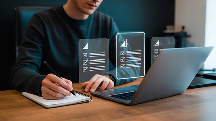Man working on laptop with glowing digital interface and taking notes