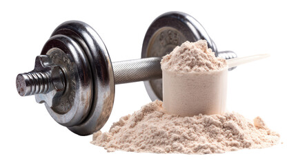 Dumbbell and protein powder scoop isolated on transparent background
