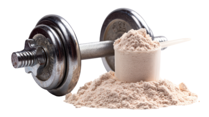 Dumbbell and protein powder scoop isolated on transparent background