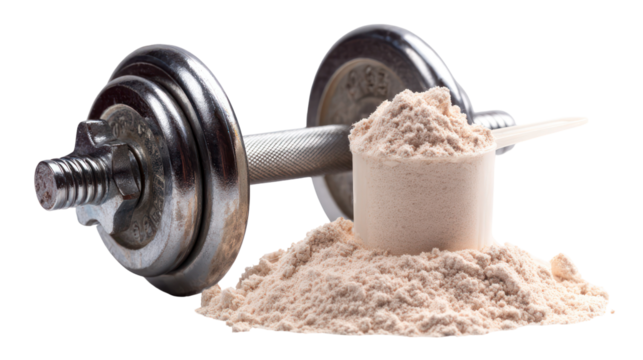 Dumbbell and protein powder scoop isolated on transparent background