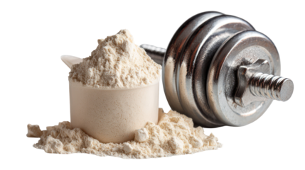 Protein powder scoop and dumbbell isolated on transparent background