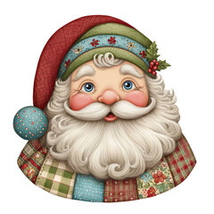 Clip art watercolor illustration of a jolly Santa Claus head with a quilted fabric pattern and holly accents.Transparent Background