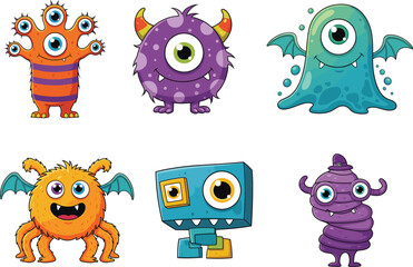 Set of colorful cartoon monster characters with funny eyes, horns, wings, and unique shapes on white background vector illustration
