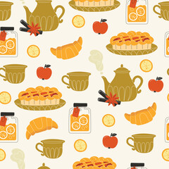 Seamless pattern featuring teapots, cups, pie slices, croissants, jam jars, apples, cinnamon sticks, and orange slices on a light background.