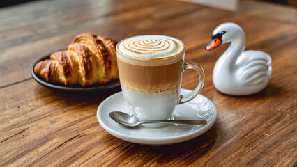 Hot latte coffee with latte art milk foam with chocolate Croissant on wooden table and small duck statue on top view, during business work concept, Rainy season