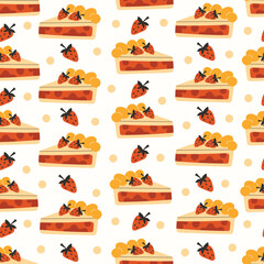 Seamless pattern of strawberry pie slices topped with whipped cream and scattered strawberries on a white background with yellow dots.