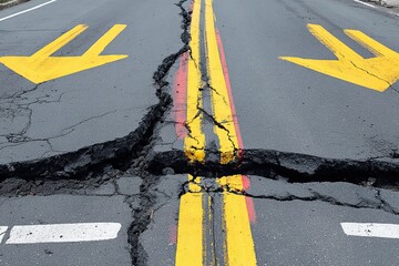 Cracked asphalt road with arrows, divided by yellow lines