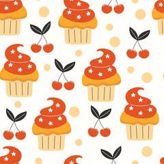 Seamless pattern featuring stylized cupcakes with orange frosting and white stars, interspersed with pairs of cherries on a white background with yellow dots.