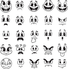 Naklejka premium Cartoon face expression element set cute emoji style faces with funny eyes and mouths, comic character reactions and emotion icons for stickers, animation or vintage mascot design vector illustration