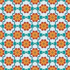 Retro Mid-Century Floral Seamless Pattern. Vintage Orange Flower and Teal Ribbon Background. Autumn Groovy Textile.