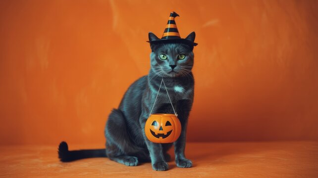 Halloween cat witch costume with pumpkin bucket spooky holiday pet photography stock image free download