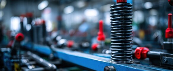 Fototapeta premium Industrial machine components with blurred factory background; focus on springs and red details