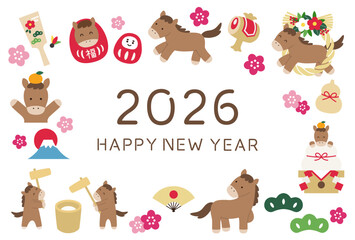 午年の年賀状のベクターイラスト。2026年、馬、かわいい、正月