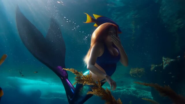 Mermaid in blue tail swims in underwater world with fish and plants