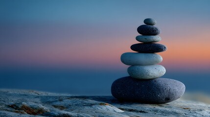 Fototapeta premium A carefully balanced arrangement of smooth stones stacked on top of each other, with a blurred sunset backdrop of blue and orange hues, conveying peace, serenity, and harmonious equilibrium 