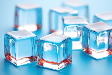 Clear ice cubes scattered on a bright blue surface