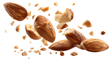 Almonds exploding into pieces isolated on transparent background