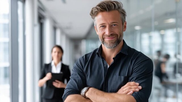 Confident Leadership in Modern Workspace: A distinguished individual exudes authority and charisma in a sleek, contemporary office environment. His relaxed stance.