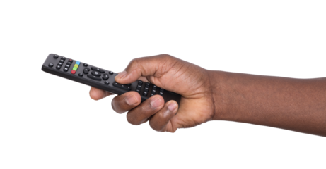 Man holding a black remote control for a television set isolated on transparent or white background