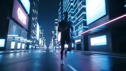 Runner exercising through a futuristic city at night
