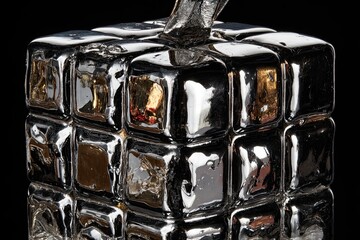 Cubed chrome pumpkin with stem reflects light on black background