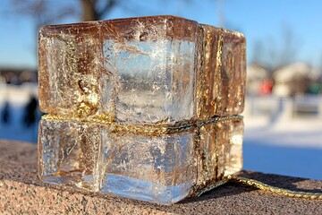 Two ice blocks joined by gold string outdoors in winter