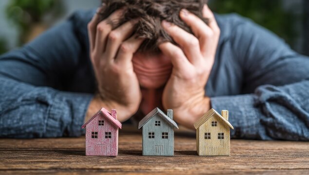 Man stressed, head in hands, with miniature houses. Focus is on the struggle with home options