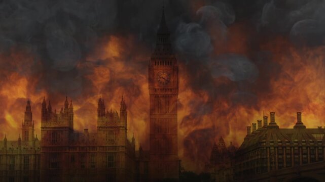 Old City On Fire, Ai Apocalypse, London Burning, Big Ben and Palace of Westminster in Flames, Natural Disaster Wildfire Political Instability, War. 