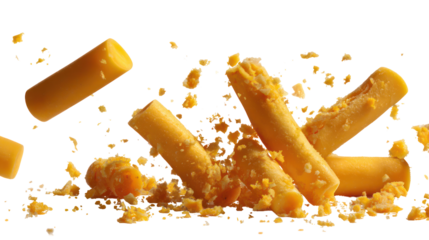 Crunchy cheese puffs falling and crushing isolated on transparent background