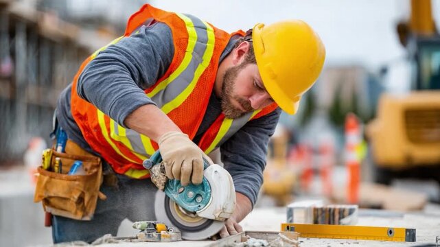 Construction Worker at Work: A construction worker, geared in a safety vest and helmet, meticulously operates a power tool to shape a stone. This image captures dedication and skill.