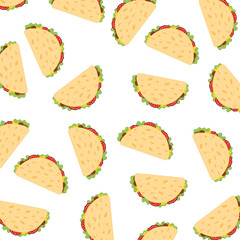 Mexican Tacos Seamless Pattern Vector Background. Taco vector illustration. Perfect vector background for kitchen decor, branding, food packaging, and wrapping paper