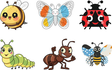Set of six cute cartoon insects including bee, butterfly, ladybug, caterpillar, and ant with white background, vector illustration cartoon.