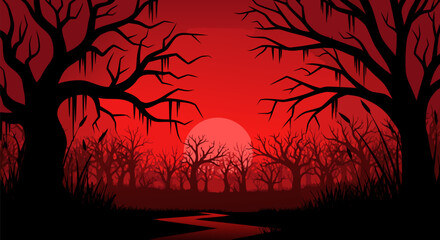 Eerie Halloween night forest background with bare trees and a winding river, creating an ominous empty space, perfect for spooky design projects and seasonal themes