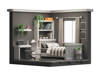 아이소메트릭 모던 아늑한 침실 인테리어 Isometric Modern Cozy Bedroom Interior