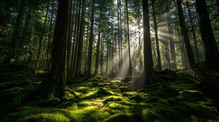 Obraz premium Sunlight streams through tall trees, illuminating moss-covered forest floor and creating a beautiful, serene woodland scene with green vegetation and dappled light.