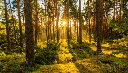 Fototapeta premium Golden sunlight through pine forest