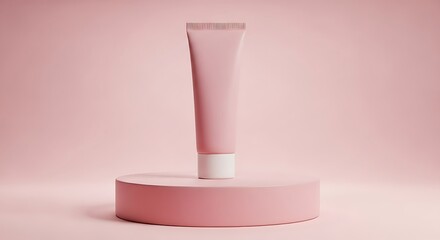Pink cosmetic tube mockup on a matching pink pedestal against pink backdrop