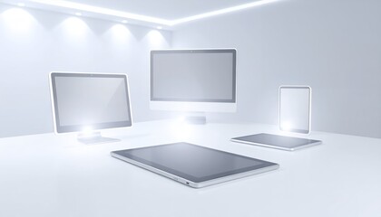 Modern minimalistic interior rendered in shades of grey with soft lighting creating ambiance