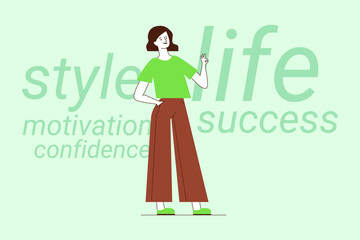 Confident person standing casually, wearing green top and brown pants, conveying message of motivation and success. Inspiring words on background