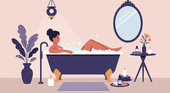 This flat design illustration portrays a woman indulging in a luxurious spa-like bath experience, surrounded by elegant amenities in a serene bathroom setting. 
