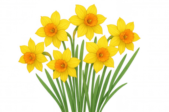 Yellow daffodils bouquet illustration with green leaves, bringing spring freshness and botanical beauty, isolated on transparent background