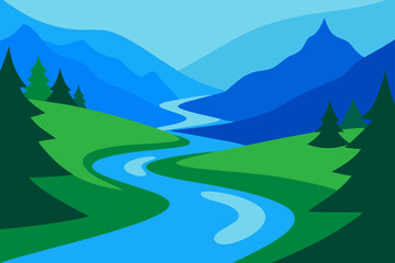 A winding river through mountains and green meadows