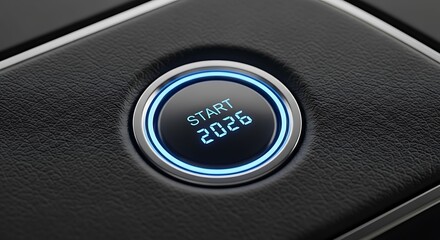 Start 2026 illuminated button on textured black surface close up view