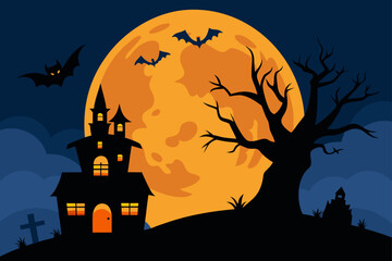 Halloween night scene with haunted house and bats